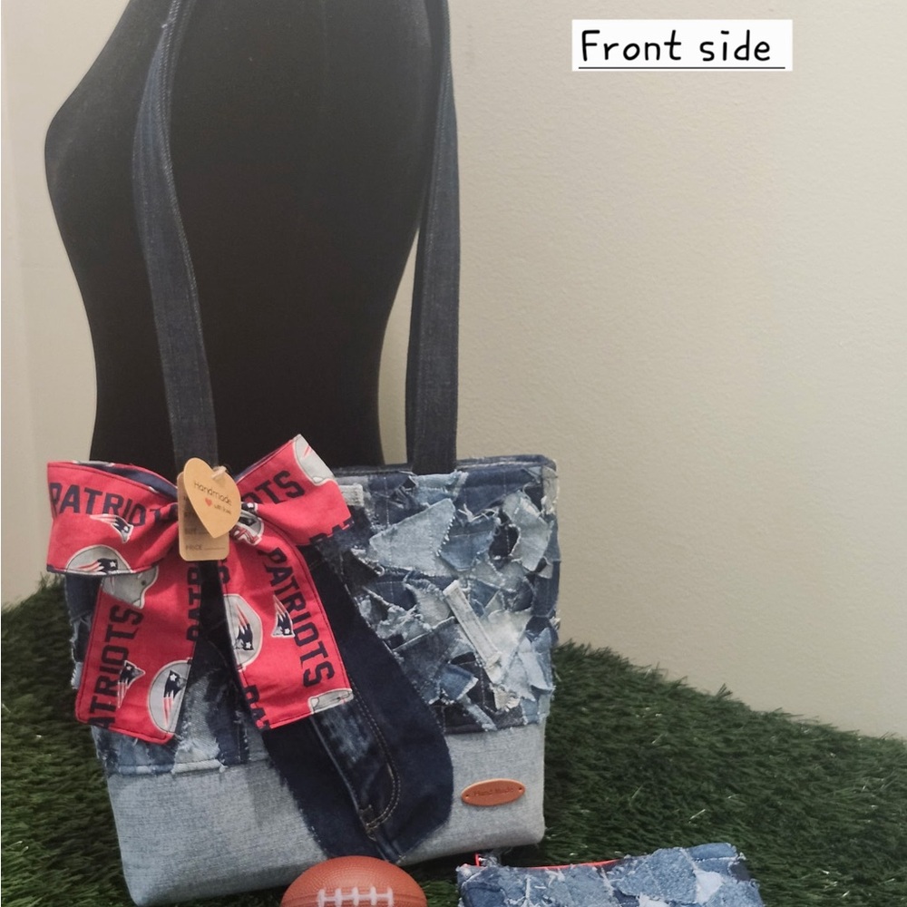 Denim Patchwork Tote With Red Accent - image 1